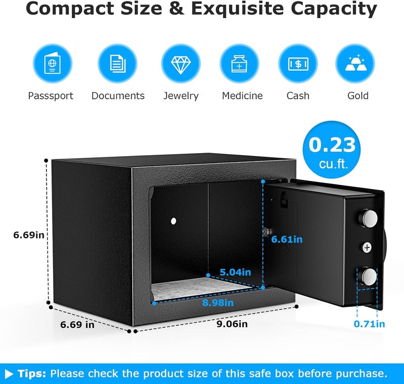 bonsaii Safe Box with Electronic Keypad, Steel Security Lock Box with Key, 0.23 Cubic Feet, 9.06" W x 6.69" D x 6.69" H, Small Hidden Safe for Cash Jewelry - Image 3
